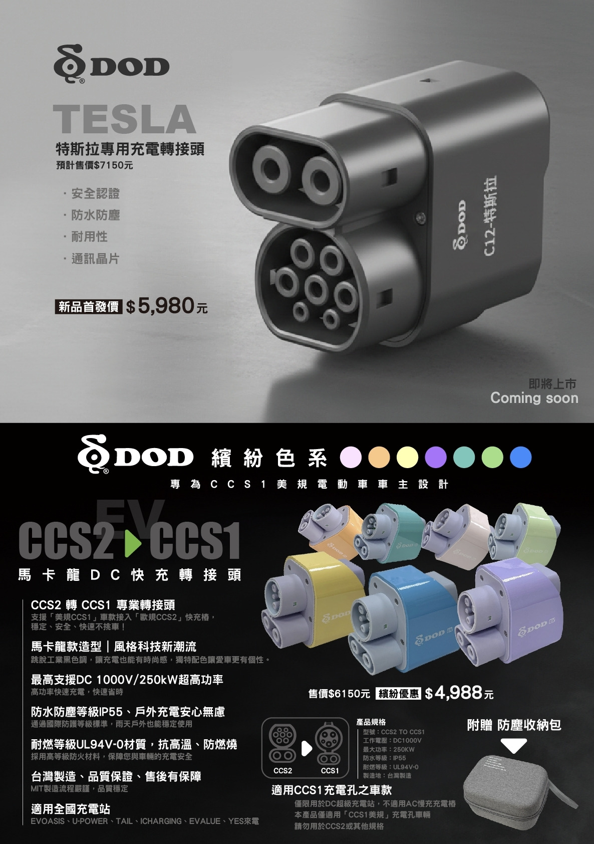 DOD 馬卡龍DC快充轉接頭(CCS1電動車轉接頭)CCS2轉CCS1 顏色隨機出貨 - 圖片 2